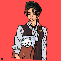 A digital drawing of Emerson Barrett with a puppy in a satchel