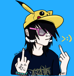 A digital drawing of an emo boy wearing pink sunglasses and a Pikachu hat while extending their middle finger