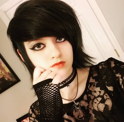 Emo prom, black short hair, black eyeliner, chokers, lace dress, selfie