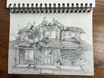 Pencil drawing of broken crumbling house.