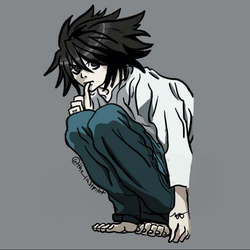 A digital drawing of L from Death Note crouching while pressing his thumb against his lips in thought