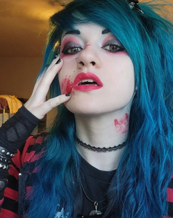 Teal, blue hair color, red and black makeup, special effects makeup, blood splatter and stains, nose ring, choker, My Chemical Romance inspiration.