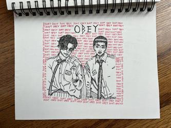 Capture of Trinity Coblentz's sketchbook, completed drawing in pencil and ink of Oli Sykes and Yungblud inspired by song OBEY.