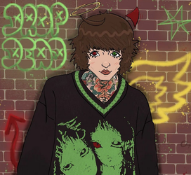 A digital drawing of Oli standing in front of a graffitied brick wall