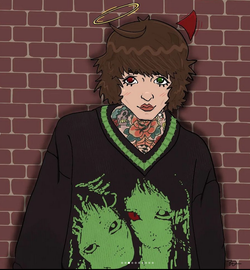 A digital drawing of Oli in front of a brick wall