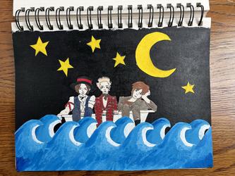 Mixed media, paint, pencil, ink, Emerson Barrett, Remington Leith, Sebastian Danzig in a boat, stars, moon.