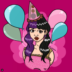 A digital drawing of Melanie Martinez in a pink dress surrounded by balloons