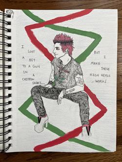 Mixed media capture of Trinity Coblentz's sketchbook of Remington Leith of Palaye Royale, Panic! At the Disco reference