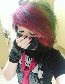 Green, red, black, yellow, purple hair color, shaggy emo cut, mask, pink tie, Asking Alexandria t-shirt, selfie