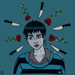 A digital drawing of Oliver Sykes with knives and roses arrayed around their head