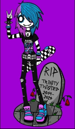 An art class project of Trinity Coblentz in a different art style standing in front of a gravestone with skateboard in hand