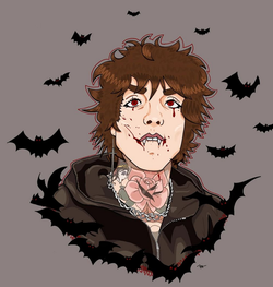 A digital drawing of a vampire Oliver Sykes with bats in the background